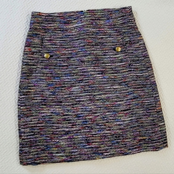 Loft Multicolor Tweed Skirt Brass Tone Buttons Size 00 Petite - Picture 2 of 14
